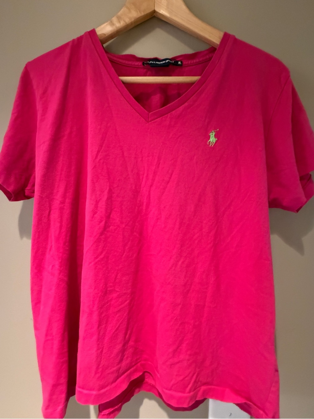 Ralph Lauren Sport Hot Pink V-Neck Tee with Lime Logo XL